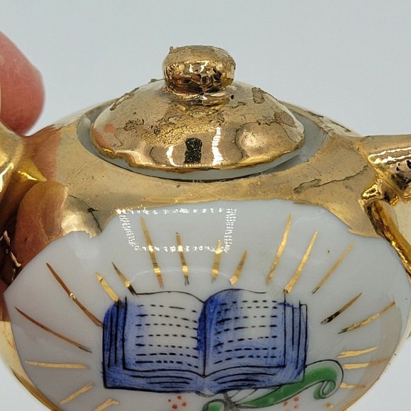 Miniature Teapot And Teacup Vintage Bible Print Religious Gold Plate Doll Teapot - Picture 11 of 12